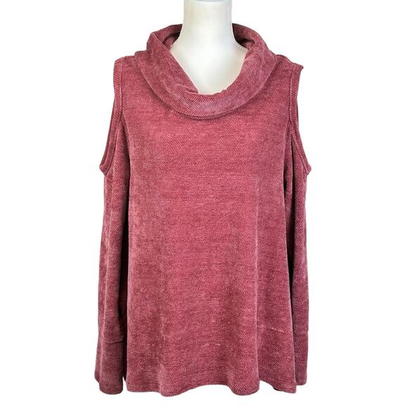 Artesia Sweater Women XL Mauve Purple Stretch Cold Shoulder Cowl Neck Boho Top - Picture 1 of 12